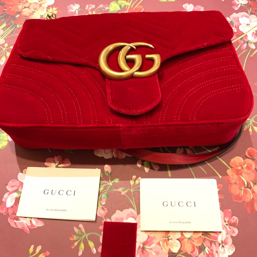 Gucci Red GG Velvet Marmont bag.